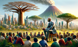 Dall·e 2024 01 06 13.16.00 Refine The Digital Artwork To Include Mr. Ekene A Bald Teacher In A Casual Business Suit Sitting With His Back Against A Baobab Tree. Surround Him W