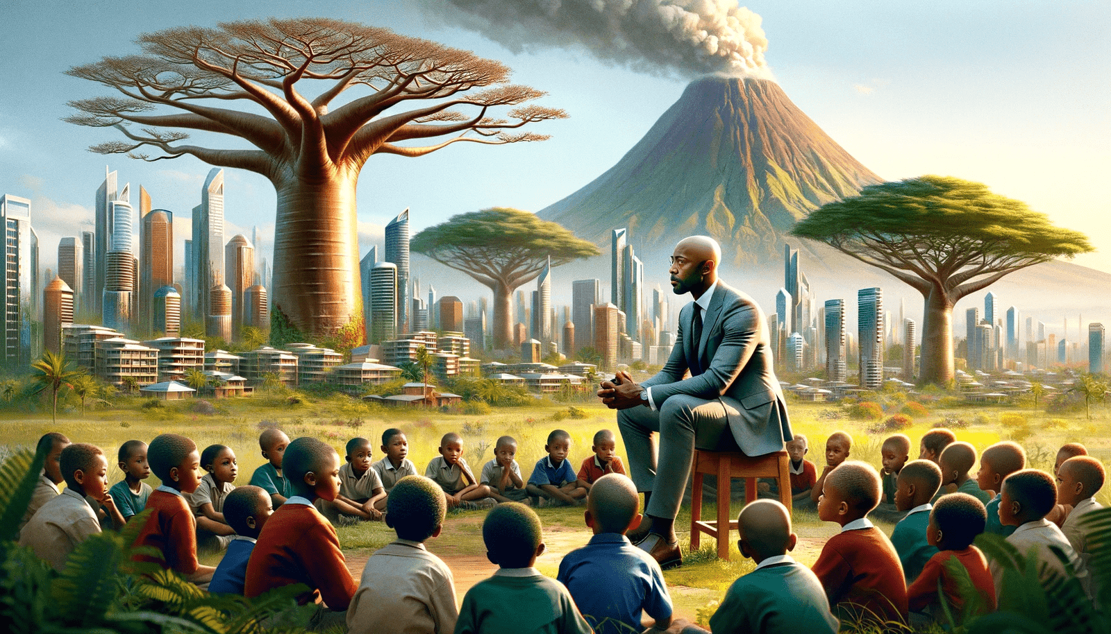 Dall·e 2024 01 06 13.16.00 Refine The Digital Artwork To Include Mr. Ekene A Bald Teacher In A Casual Business Suit Sitting With His Back Against A Baobab Tree. Surround Him W